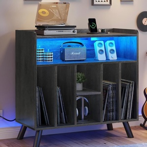 image:imageYITAHOME Record Player Stand with Power Outlets and LED Lights Holds Up to 130 Albums Record Player Table with Storage Vinyl Record Storage with Solid Legs for Living Room Bedroom Grey