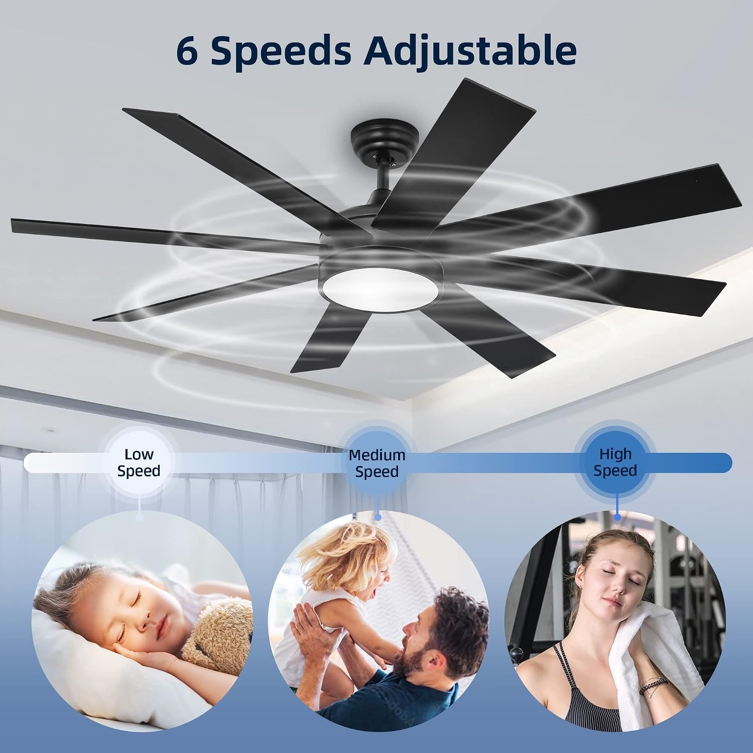 image:imageYITAHOME 60 Inch Black Ceiling Fan with Light and Remote DC Fanlight for Indoor Outdoor Modern Light Fan with 6 Speeds 3 Color Temperatures Memory Function Quiet Reversible Motor TLCFLS0014