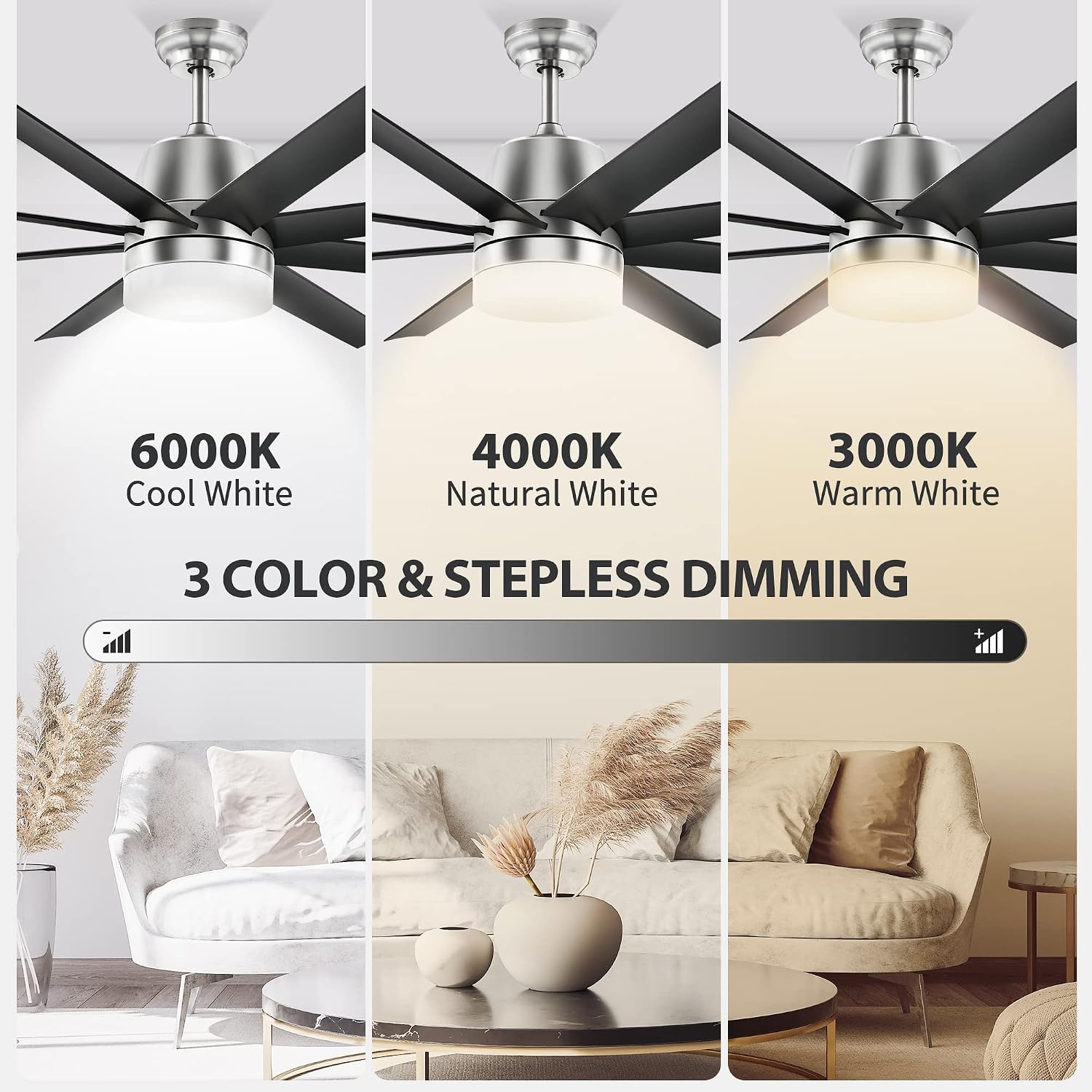 image:imageYITAHOME Black Ceiling Fans 60 Inch with Lights and Remote Modern Fan Indoor Outdoor with Quiet Reversible 6 Speeds Motor Dimmable LED 3 Color Memory Function for Bedroom Living Room Patio Chrome