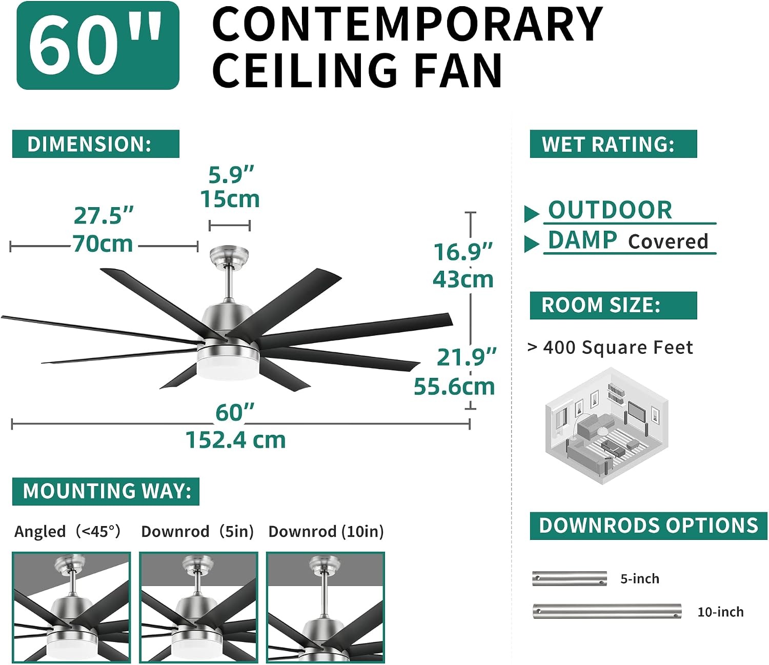 image:imageYITAHOME Black Ceiling Fans 60 Inch with Lights and Remote Modern Fan Indoor Outdoor with Quiet Reversible 6 Speeds Motor Dimmable LED 3 Color Memory Function for Bedroom Living Room Patio Chrome